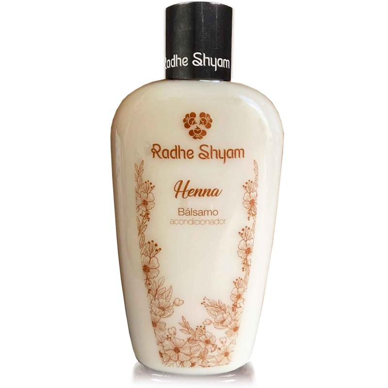 Envase del bálsamo acondicionador de Henna Radhe Shyam para nutrición capilar y protección del color.
