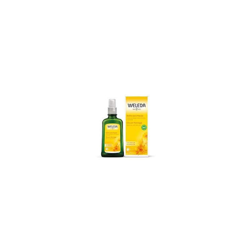 Botella y caja de aceite de caléndula familiar Weleda de 100ml para pieles sensibles.