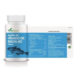 Bote de Higabac Soria Natural con detalle de los ingredientes 125 perlas de aceite de hígado de bacalao en Ecotiendaverde