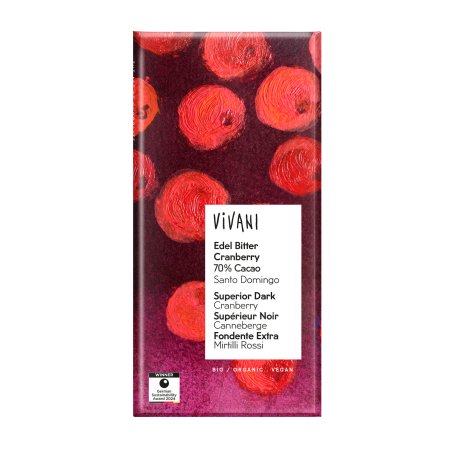 Tableta de chocolate negro 70 por ciento con arándanos ecológico de la marca Vivani.