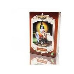 Caja de 100 g de henna natural en polvo color castaño medio de la marca Radhe Shyam para tratamiento capilar.