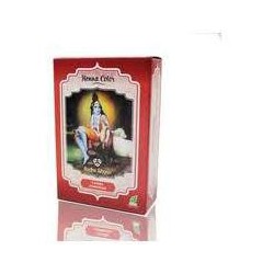 Caja de 100 g de henna natural en polvo color caoba luminoso de la marca Radhe Shyam para coloración ecológica.