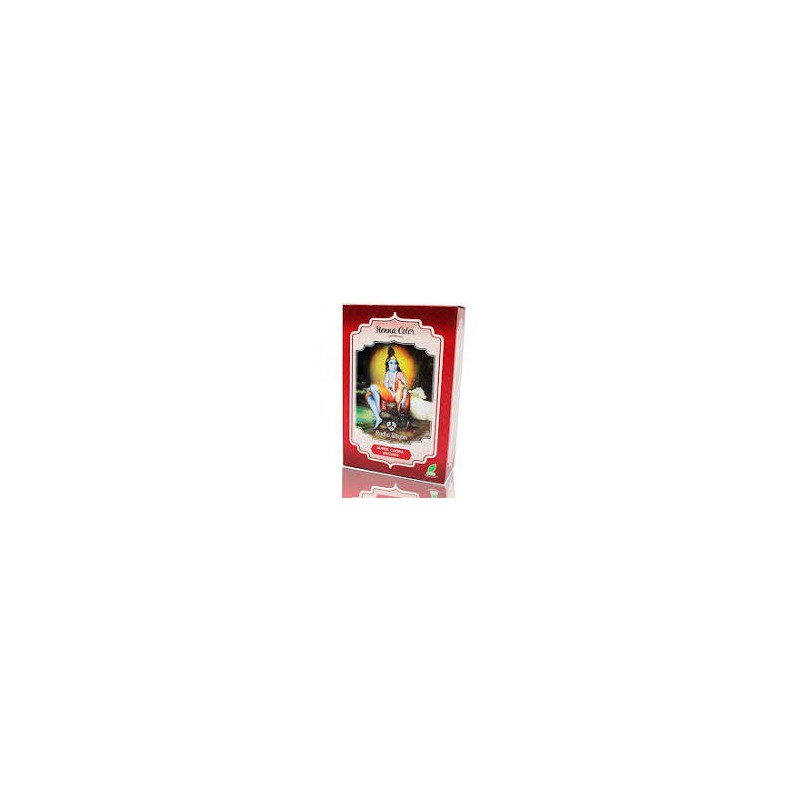 Caja de 100 g de henna natural en polvo color super caoba oscuro de la marca Radhe Shyam para tratamiento capilar.