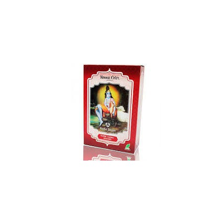 Caja de 100 g de henna natural en polvo color super caoba oscuro de la marca Radhe Shyam para tratamiento capilar.