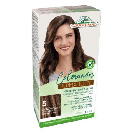 Caja del kit de coloración permanente sin amoníaco Corpore Sano número 5 color Castaño Claro de 140 ml.