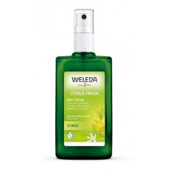 Botella de vidrio del desodorante de citrus en spray Weleda de 100ml con aroma a limón.