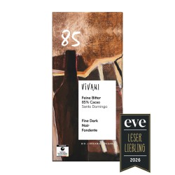 Tableta de chocolate negro 85 por ciento cacao ecológico Vivani en su envoltorio sostenible.