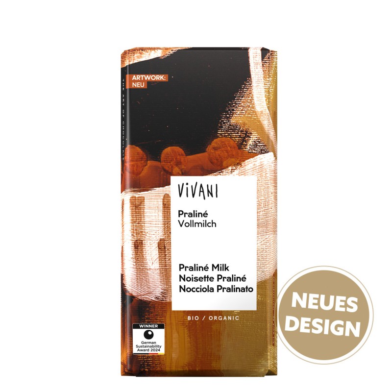 Tableta de chocolate con leche relleno de praliné de avellanas ecológico Vivani.
