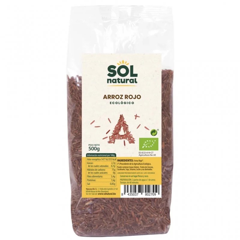 Bolsa de 500g de Arroz Rojo Integral Bio Sol Natural, variedad exótica de grano largo