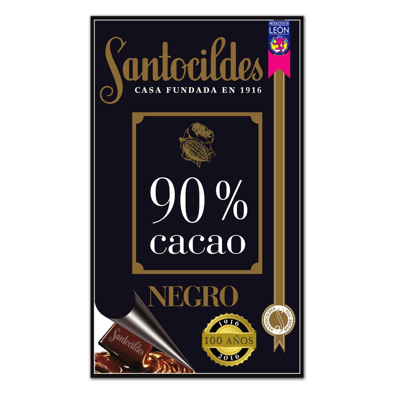 Tableta de chocolate negro artesano Santocildes con 90% de cacao, formato de 200 gramos.