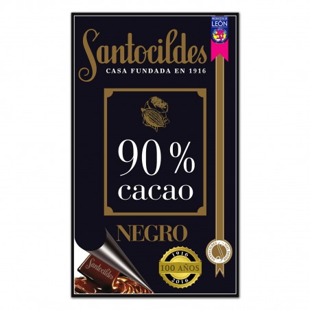 Tableta de chocolate negro artesano Santocildes con 90% de cacao, formato de 200 gramos.