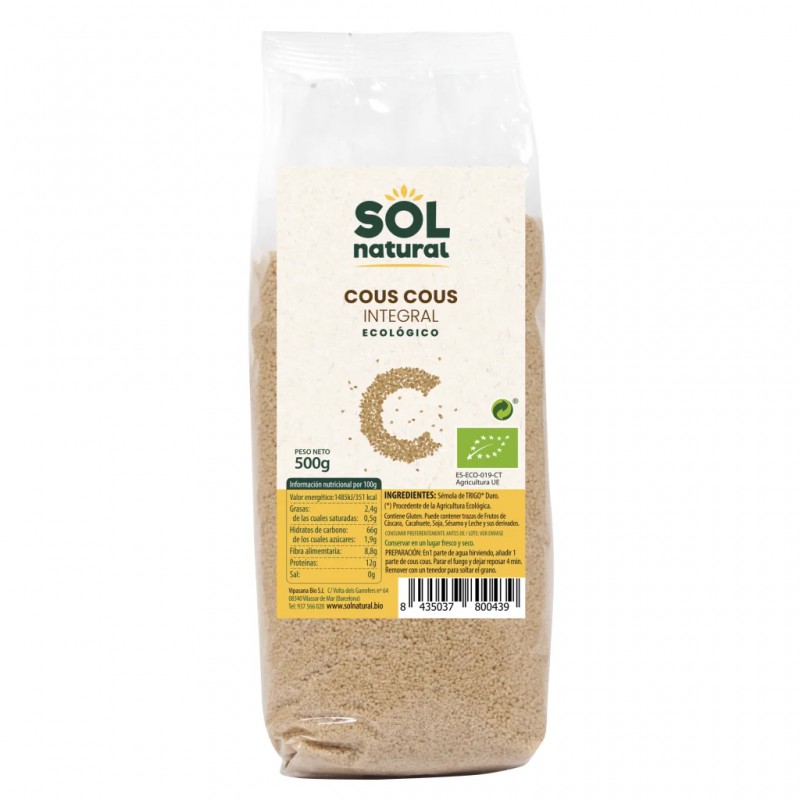 Paquete de Cous Cous Integral Bio de Sol Natural de 500 gramos, sémola de trigo duro ecológica