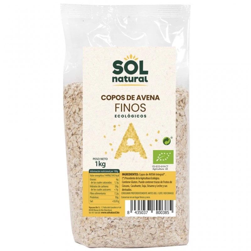 Copos de avena finos bio Sol Natural 1kg, cereal integral rico en fibra y proteínas para desayunos saludables.