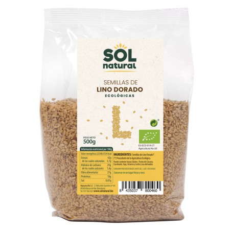 Semillas de lino dorado ecológico Sol Natural, fuente de omega 3 y fibra, envase de 250g