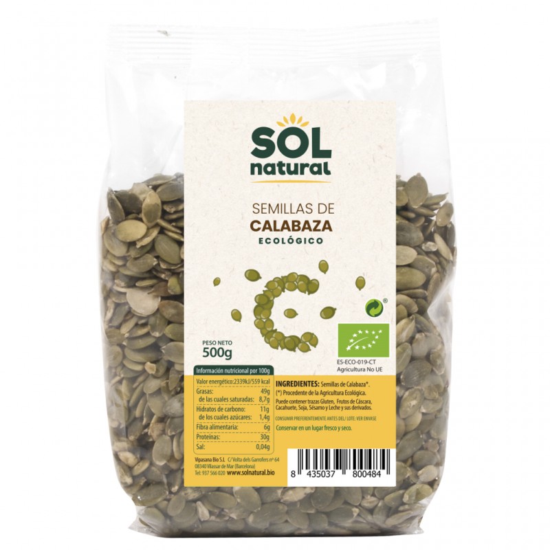 Paquete de 500g de Semillas de Calabaza Bio Sol Natural peladas y de cultivo ecológico