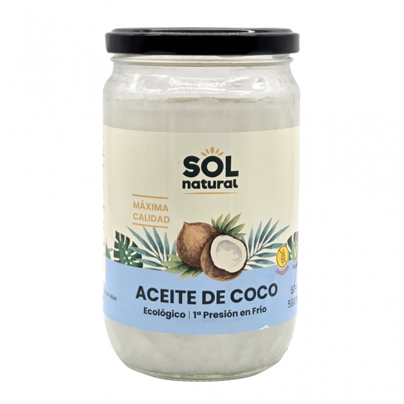 Bote de Aceite de Coco Virgen Extra Bio de la marca Sol Natural 580ml Sin Gluten
