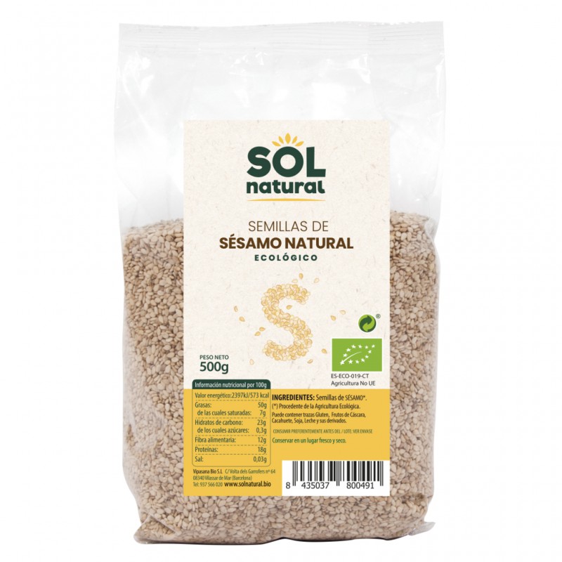 Envase de 500g de semillas de sésamo natural BIO de la marca Sol Natural