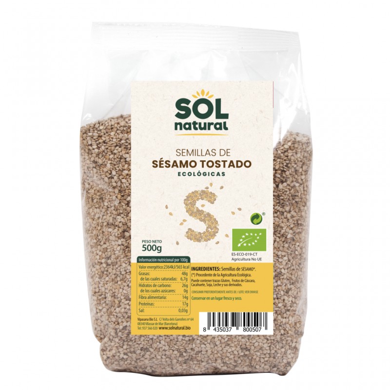 Envase de 500g de semillas de sésamo tostado bio de la marca Sol Natural, producto ecológico