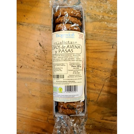 Galletas de avena integral con pasas de agricultura ecológica Biogredos, snack saludable bio