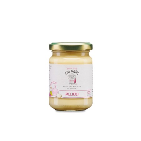 Bote de salsa alioli ecológica Cal Valls elaborado con aceite, huevo y ajo bio
