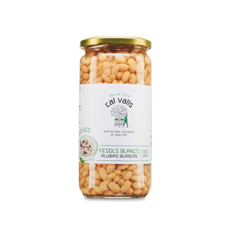 Tarro de alubias blancas cocidas ecológicas Cal Valls de 700g.