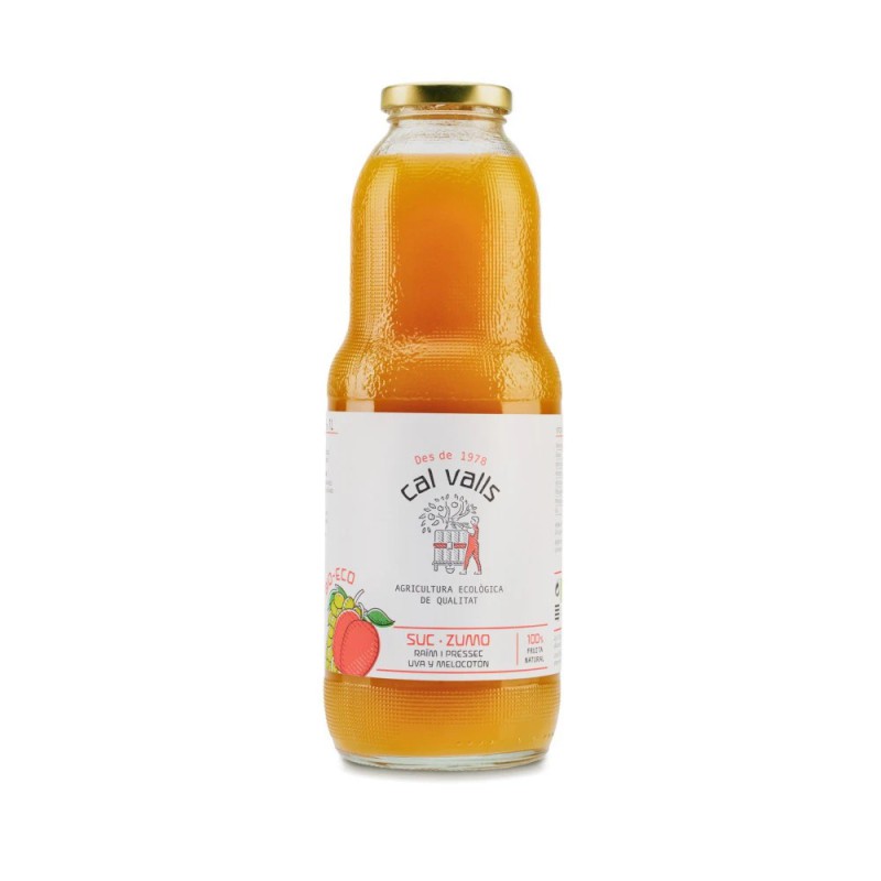 Botella de zumo de melocotón y uva ecológico Cal Valls 1L
