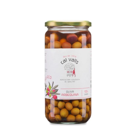 Aceitunas arbequinas bio de cultivo propio Cal Valls en tarro de cristal