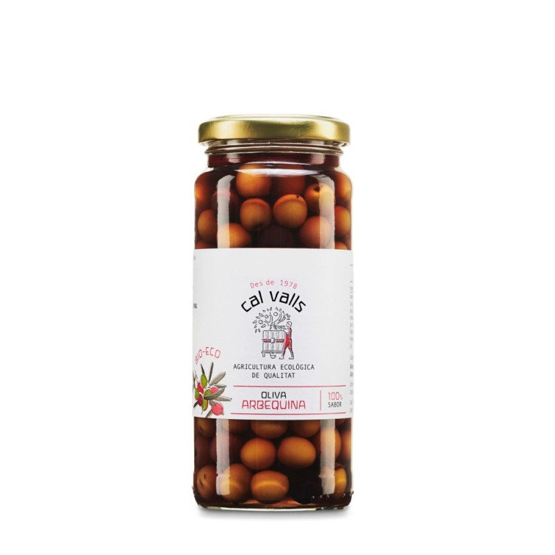 Aceitunas arbequinas ecológicas Cal Valls en tarro de cristal, variedad de agricultura biodinámica y proximidad.