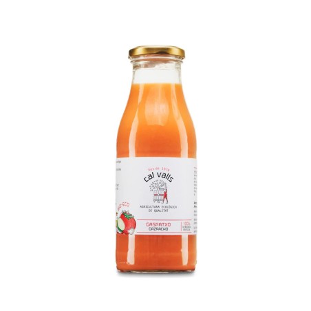 Gazpacho ecológico Cal Valls en botella de vidrio, receta tradicional con hortalizas frescas de agricultura biodinámica Demeter