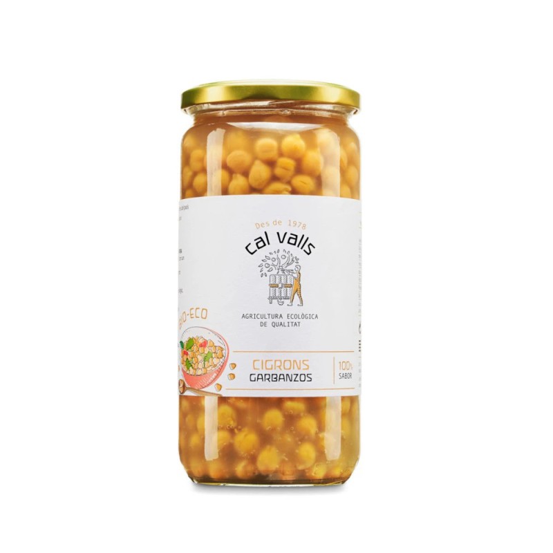 Garbanzos cocidos ecológicos Cal Valls en tarro de cristal, legumbre de agricultura biodinámica Demeter lista para consumir