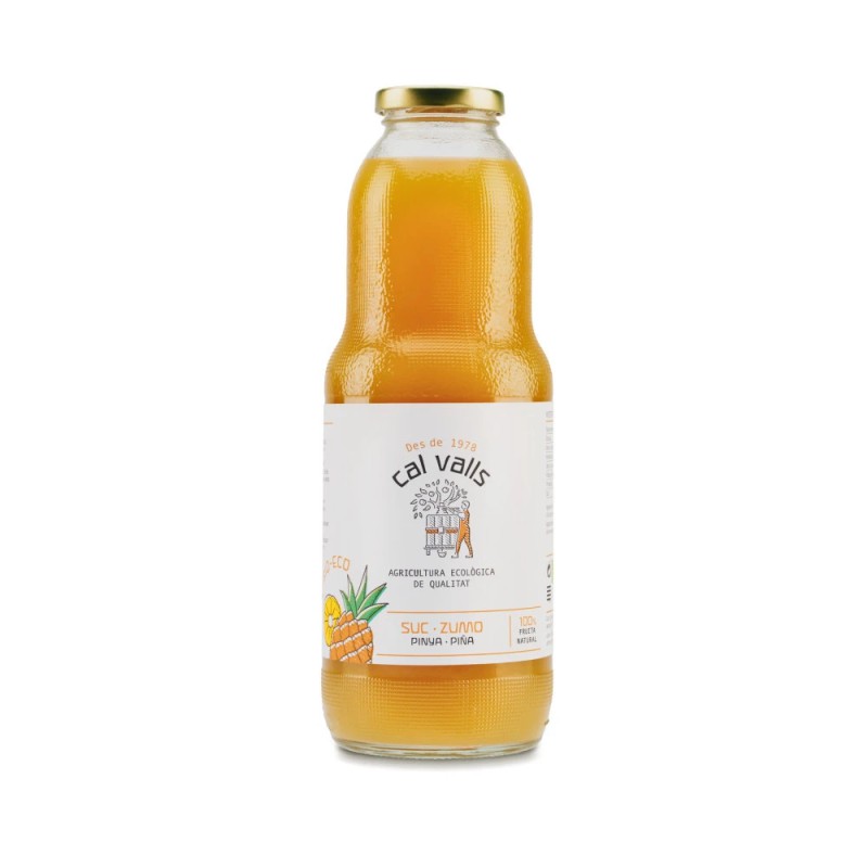 Botella de 1 litro de zumo de piña bio Cal Valls, 100% fruta ecológica sin azúcar añadido.