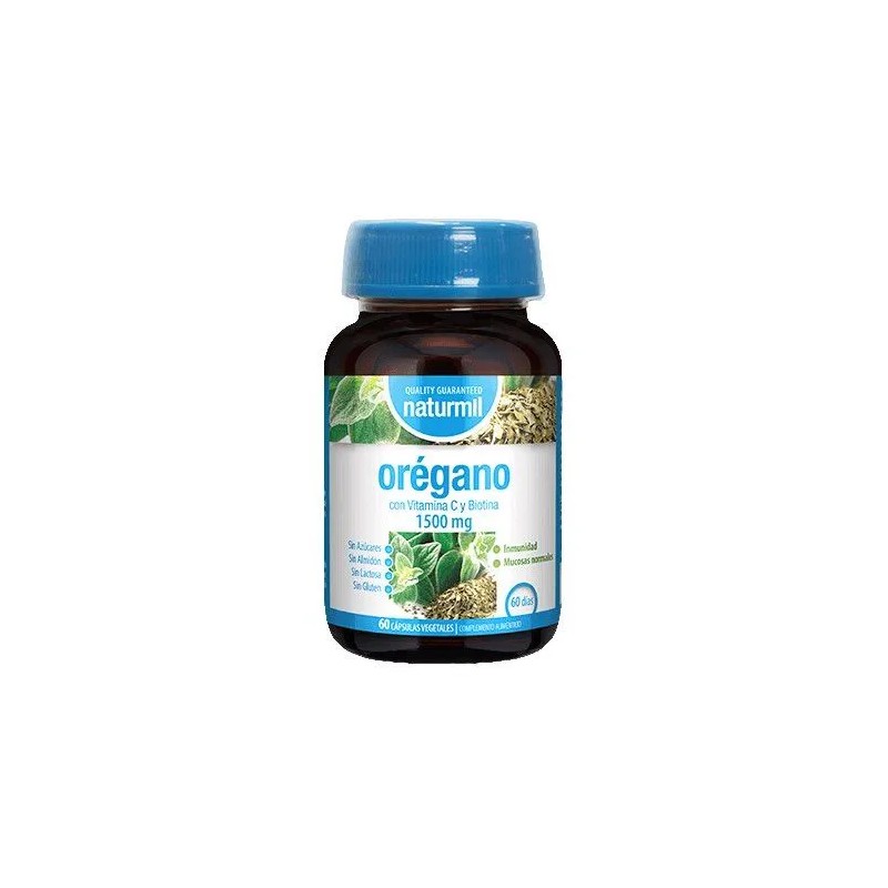 Cápsulas de aceite de orégano Naturmil suplemento antimicrobiano y antioxidante.
