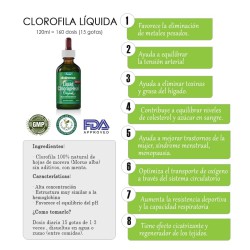 Bote de Clorofila Líquida Original de Alkaline Care para oxigenación y detox detalle de propiedades