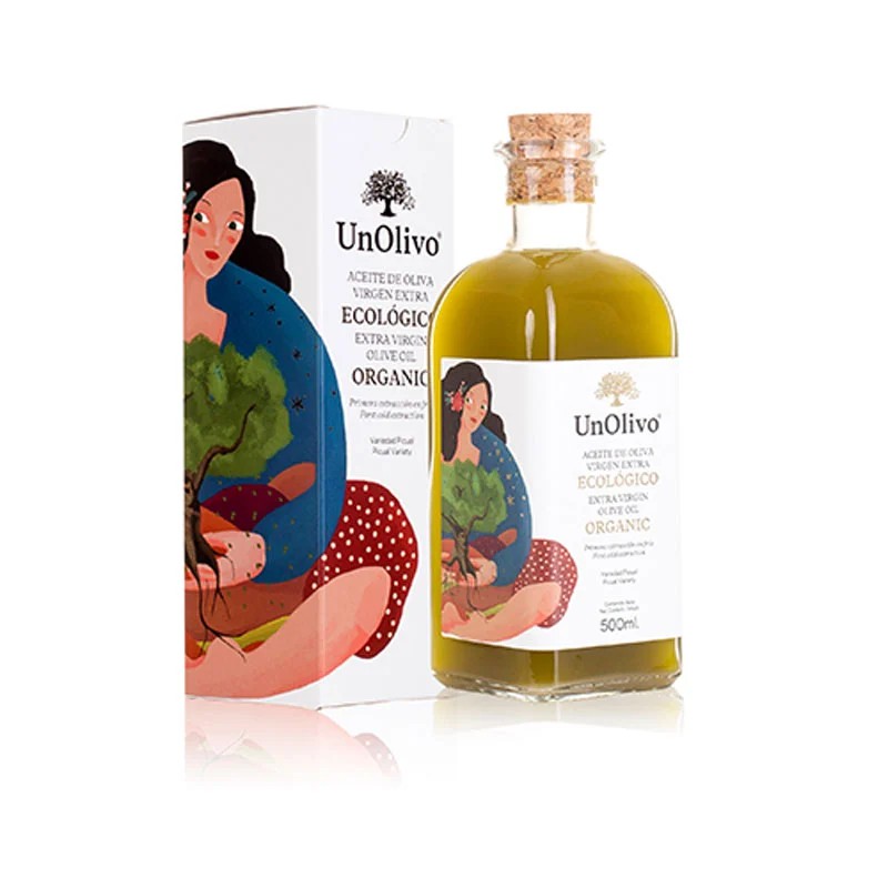 Botella frasca de cristal con Aceite de Oliva Virgen Extra Ecológico UnOlivo de Jaén.