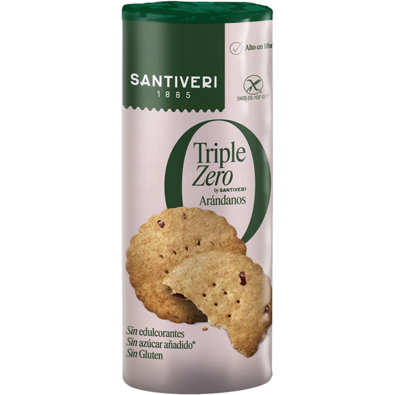 Paquete de galletas Santiveri de la gama Triple Zero sabor arándano sin azúcares añadidos.