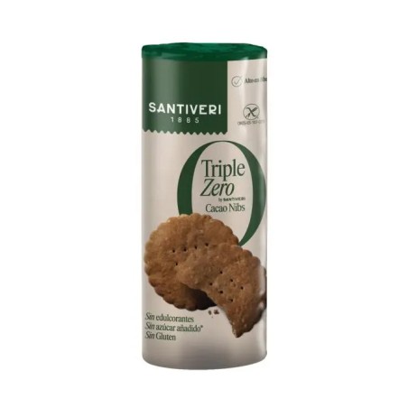Paquete de galletas Santiveri de la gama Triple Zero con pepitas y nibs de chocolate sin azúcares añadidos.