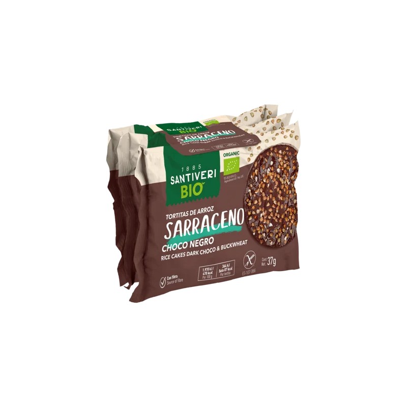 Paquete de tortitas de arroz integral y trigo sarraceno cubiertas de chocolate negro Santiveri.