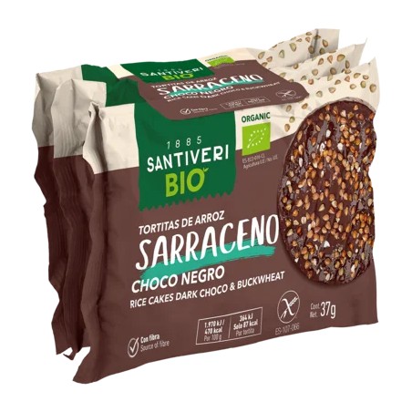 Paquete de tortitas de arroz integral y trigo sarraceno cubiertas de chocolate negro Santiveri.