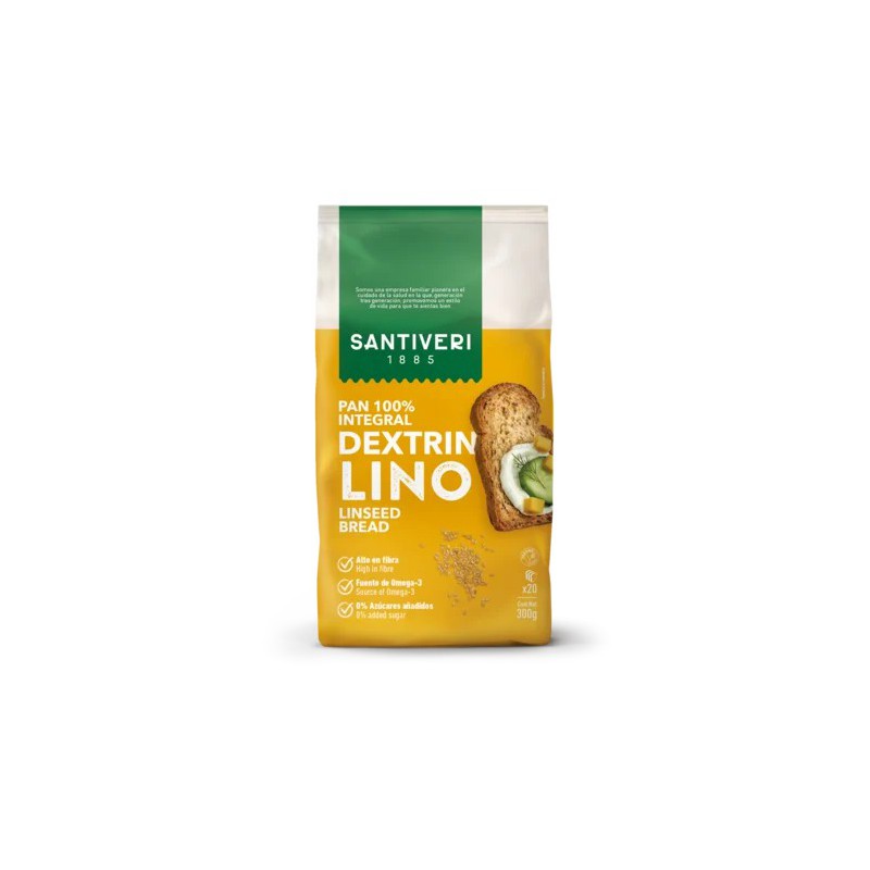 Paquete de Pan Tostado 100% Integral Dextrín Lino Santiveri de 300g para el tránsito intestinal.