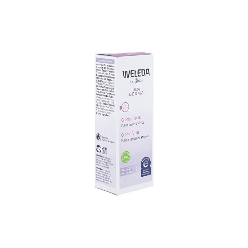 Caja de crema facial de malva blanca Weleda de 50ml para piel atópica.