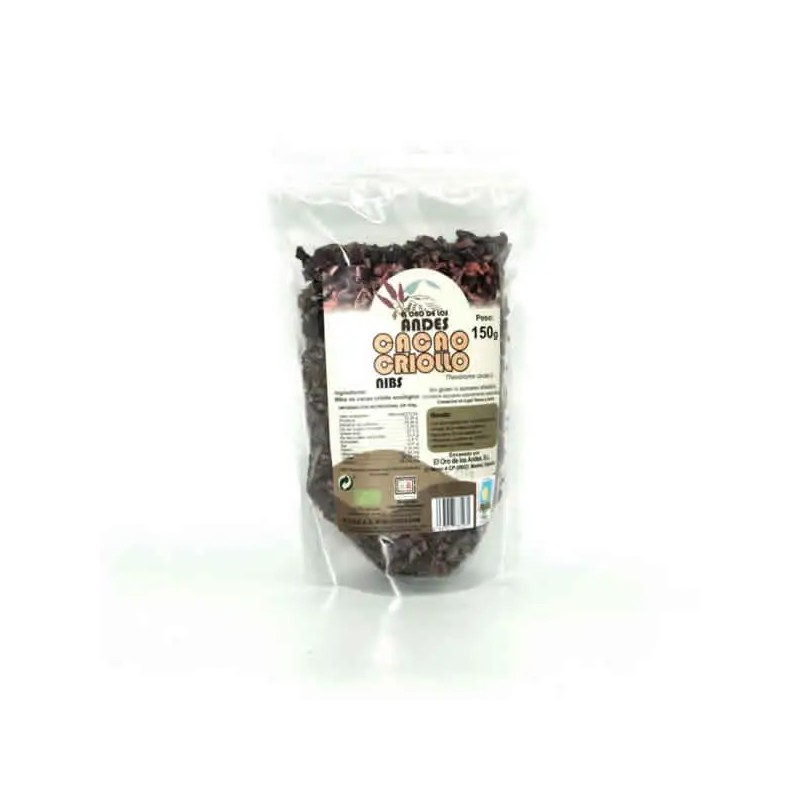 Bolsa de Cacao Criollo en Nibs Bio El Oro de los Andes de 150 gramos, trozos de cacao puro ecológico.