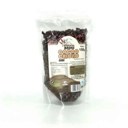 Bolsa de Cacao Criollo en Nibs Bio El Oro de los Andes de 150 gramos, trozos de cacao puro ecológico.