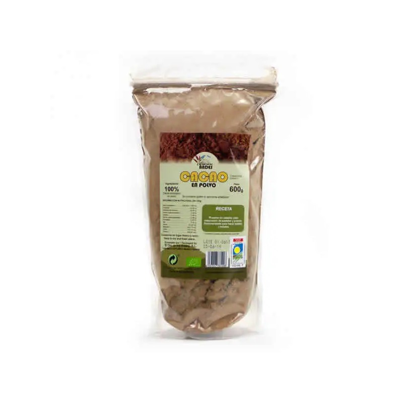 Paquete de Cacao Criollo en Polvo Bio El Oro de los Andes de 600 gramos, cacao puro desgrasado y ecológico.