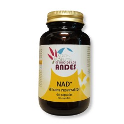 Bote de NAD+ y Trans-resveratrol en cápsulas vegetales de El Oro de los Andes, suplemento para la longevidad y energía celular.