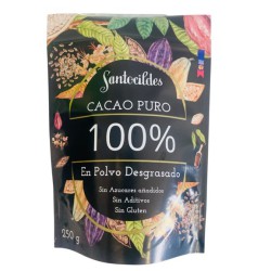 Paquete de Cacao Puro 100% en Polvo Santocildes de 250 gramos, cacao artesano desgrasado y sin azúcar.