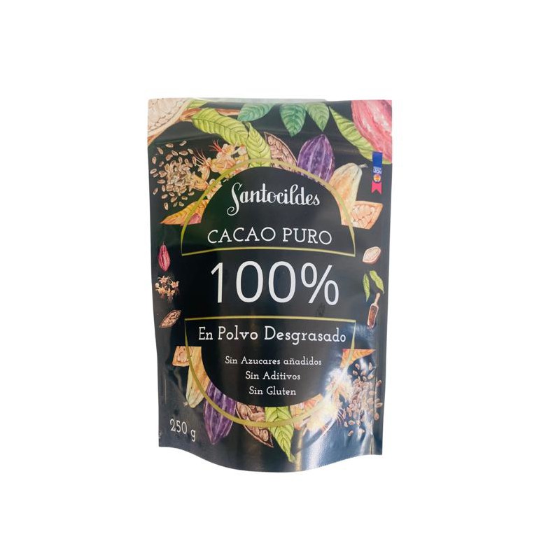 Paquete de Cacao Puro 100% en Polvo Santocildes de 250 gramos, cacao artesano desgrasado y sin azúcar.
