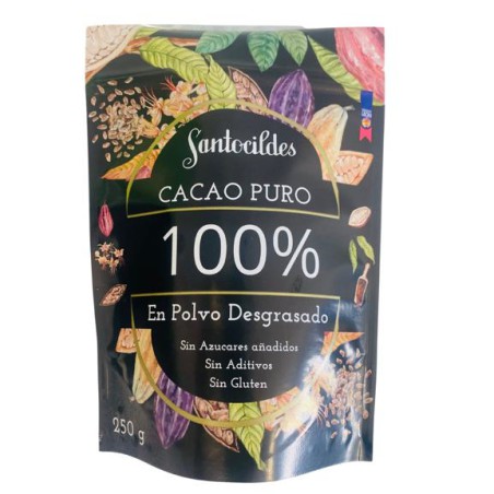 Paquete de Cacao Puro 100% en Polvo Santocildes de 250 gramos, cacao artesano desgrasado y sin azúcar.