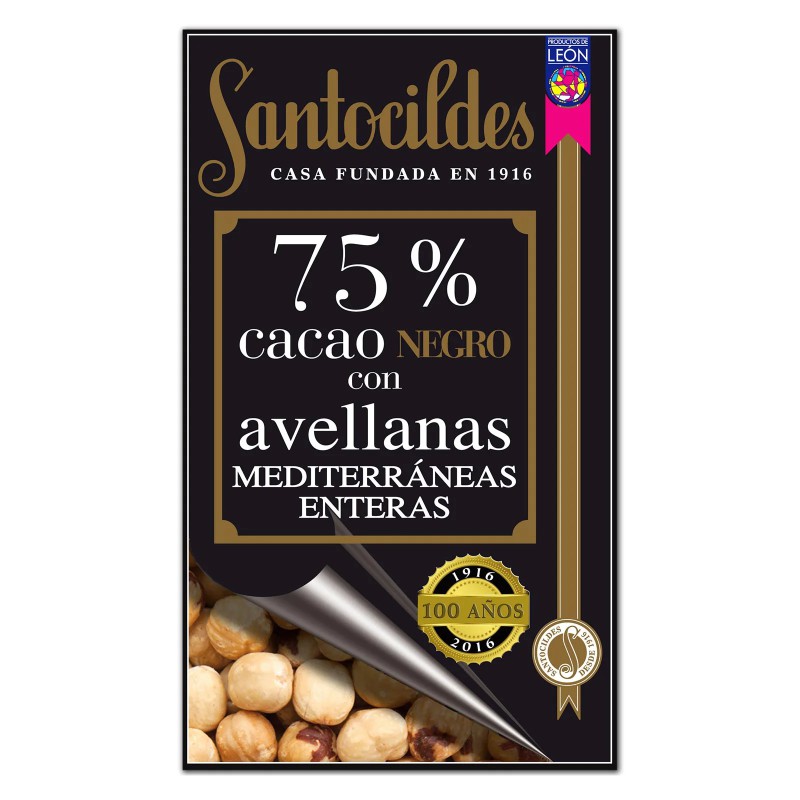 Tableta artesanal de Chocolate Negro 75% Cacao con Avellanas Mediterráneas enteras de Chocolates Santocildes de 200 gramos