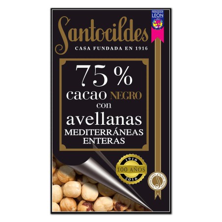 Tableta artesanal de Chocolate Negro 75% Cacao con Avellanas Mediterráneas enteras de Chocolates Santocildes de 200 gramos