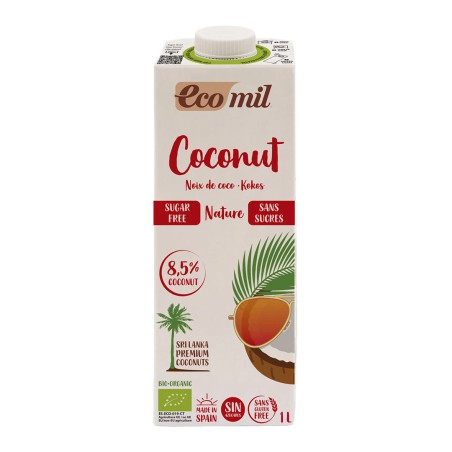Brick de 1 litro de bebida de coco ecológica EcoMil sin azúcar.